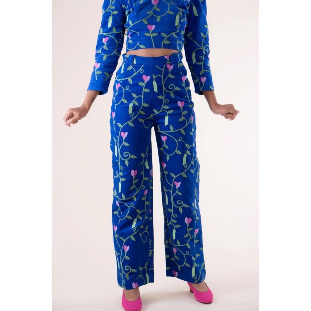 Samantha Pleet Sweet Pea Embroidered Plank Pants in Cerulean Corduroy
